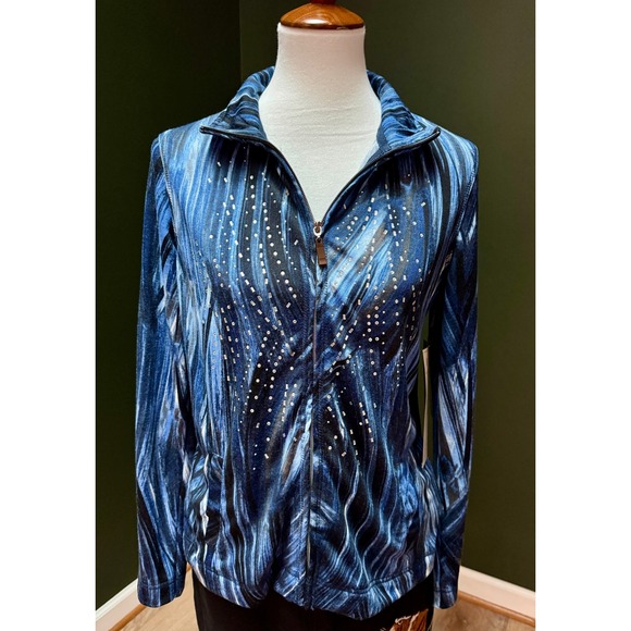 NWT Onque Midnight Blue Abstract Rhinestone Zip Up Jacket Women's Size M - Picture 1 of 8